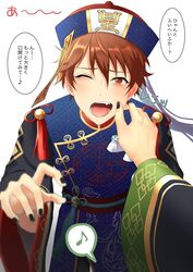  2boys arm_up black_nails blush brown_eyes brown_hair cheek_pinching cheek_pull chinese_clothes closed_mouth ensemble_stars! ghost hair_between_eyes halloween_costume hand_on_another&#039;s_cheek hand_on_another&#039;s_face hand_up hat highres jiangshi jiangshi_costume kindo korean_commentary long_sleeves looking_at_viewer male_focus morisawa_chiaki multiple_boys multiple_girls musical_note nail_polish oerba_yun_fang ofuda one_eye_closed open_mouth outstretched_arms pinching pov pov_hands red_eyes ryuuseitai_(ensemble_stars!) school_uniform short_hair simple_background solo_focus speech_bubble sweet_halloween_(ensemble_stars!) takamine_midori tearing_up tears teeth translated white_background yumenosaki_school_uniform 