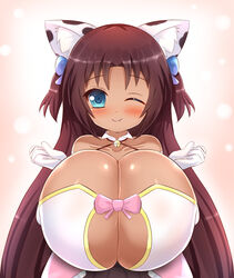  animal_ears animal_print bare_shoulders bell blue_bow blue_eyes blush borrowed_character bow breasts breasts_squeezed_together brown_hair cat_ears cat_girl cleavage cleavage_cutout clothing_cutout collar commentary_request commission cow_print dark-skinned_female dark_skin dress elbow_gloves female gloves hair_ornament hairbow halterneck highres huge_breasts kane-neko long_hair looking_at_viewer naomi_minette one_eye_closed oppai_loli original petite pink_bow pink_dress pov shiny_skin shortstack smile solo standing tight_clothes two_side_up upper_body white_gloves wing_collar 