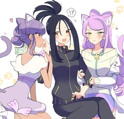  !? 3girls :d :t animal_ear_fluff animal_ears black_hair black_jacket black_pants blush closed_mouth coat commentary_request dendra_(pokemon) dress earrings heart high_heels highres jacket jewelry long_hair miriam_(pokemon) multiple_girls ohn_pkmn open_clothes open_coat open_mouth pants pencil_skirt pokemon pokemon_sv pout purple_hair purple_skirt skirt smile spoken_interrobang sweatdrop sweater tail tulip_(pokemon) turtleneck turtleneck_jacket white_footwear yuri zipper_pull_tab 