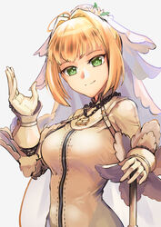  ahoge blonde_hair bodysuit breasts bridal_veil chain_necklace chains closed_mouth commentary fate/extra fate/extra_ccc fate/grand_order fate_(series) female gloves green_eyes hair_intakes hand_on_weapon hand_up jewelry lock looking_at_viewer necklace nero_claudius_(bride)_(fate) nero_claudius_(fate) padlock short_hair sidelocks simple_background smile solo upper_body veil white_background white_gloves wujiemang 