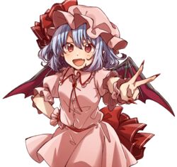  :d bad_id bad_twitter_id bat_wings blue_hair commentary cowboy_shot female fingernails hand_on_own_hip hat hat_ribbon long_fingernails looking_at_viewer mob_cap oerba_yun_fang open_mouth pink_hat pink_shirt pink_skirt pointy_ears red_eyes red_nails red_ribbon remilia_scarlet ribbon shirt short_hair short_sleeves simple_background skin_fang skirt smile solo standing touhou twitter_username unkmochi v white_background wings wrist_cuffs 