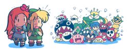  3boys anti-kirby blonde_hair blooper_(mario) blue_dress blush boo_(mario) cameo chain_chomp cheep_cheep chibi commentary_request crown crystal dr._wright dress fangs female flower ghost glasses goomba gordo green_hair green_headwear hair_flower hair_ornament hat jewelry kaeru_no_tame_ni_kane_wa_naru kirby kirby_(series) link marin_(zelda) mario_(series) monster multiple_boys open_mouth orange_hair pendant piranha_plant pokey_(mario) prince_richard_(kaeru_no_tame_ni_kane_wa_naru) princess_peach rariatto_(ganguri) red_hair sharp_teeth shy_guy simcity spiny surprised sweatdrop teeth the_legend_of_zelda the_legend_of_zelda:_link&#039;s_awakening tunic wart_(mario) yoshi 