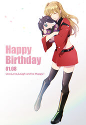  ^_^ black_footwear black_thighhighs blonde_hair boots character_doll closed_eyes closed_mouth cma_cmakuma crop_top female floating_hair full_body gintama hair_between_eyes happy_birthday high_heel_boots high_heels highres kijima_matako knee_boots long_hair long_sleeves midriff miniskirt red_skirt side_ponytail simple_background skirt smile solo standing takasugi_shinsuke thighhighs very_long_hair white_background wide_sleeves zettai_ryouiki 