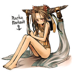  bare_legs bare_shoulders barefoot blush brown_hair character_name commentary_request female fingers_together full_body hair_ornament highres horn_ornament horns index_fingers_together kotoba_noriaki leaf_hair_ornament long_hair long_legs looking_at_viewer nose_blush one-piece_swimsuit parted_bangs parted_lips photoshop_(medium) pixiv_fantasia pixiv_fantasia_4 pointy_ears ratkia_marhault red_eyes simple_background sitting slit_pupils solo sweatdrop swimsuit trembling vest white_background 