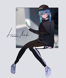  2000-nen_3-gatsu_9-ka_(vocaloid) :o alternate_costume alternate_hair_length alternate_hairstyle arm_support baseball_cap black_hat black_legwear black_shirt blue_eyes blue_hair blurry blurry_background casual cellphone character_name clothes_writing commentary dot_nose earphones echo_(chord_inc.) expressionless eyelashes fanny_pack female flat_chest full_body grey_background hair_between_eyes hassan_(sink916) hat hatsune_miku head_tilt highres holding holding_phone knees_together_feet_apart long_sleeves official_art pants parted_lips phone shirt shoes short_twintails simple_background sitting smartphone sneakers solo straight_hair streetwear track_pants twintails vocaloid white_footwear 