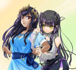  2girls absurdres arm_hug bad_id bad_pixiv_id belt black_hair black_skirt black_tube_top blue_dress blue_sash blunt_bangs blush breasts brown_eyes cleavage cleavage_cutout closed_mouth clothing_cutout collarbone commentary_request cowboy_shot demon_girl demon_horns demon_tail dress gradient_background green_background highres honey_strap horns kojo_anna kojo_anna_(2nd_costume) lace_trim long_hair long_sleeves looking_at_another looking_to_the_side loose_belt medium_breasts midriff multicolored_hair multiple_girls nanashi_inc. off-shoulder_dress off_shoulder official_alternate_costume open_mouth pencil_skirt pointy_ears purple_belt purple_hair russian_text sash shimamura_charlotte short_sleeves shoulder_cutout shrug_(clothing) skirt smile strapless sugar_lyric tail tube_top two-tone_hair veno_(lupusonbari2) virtual_youtuber yellow_background yellow_eyes 