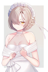  :o azur_lane bare_shoulders beige_background blonde_hair blush braid breasts chestnut_mouth choker cleavage collarbone commentary_request dress female hair_over_one_eye half-closed_eyes highres maid_headdress nannann parted_lips see-through sheffield_(azur_lane) short_hair simple_background sleeveless sleeveless_dress small_breasts solo standing two-tone_background upper_body white_background white_dress yellow_eyes 