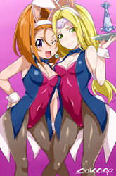  2girls animal_ears barbara_(dq6) black_legwear blonde_hair blue_bow blue_bowtie blue_vest blush bow bowtie breasts chicago-x circlet cleavage closed_mouth dragon_quest dragon_quest_vi earrings green_eyes highres jewelry large_breasts leotard long_hair looking_at_viewer low-tied_long_hair mireyu multiple_girls one_eye_closed open_mouth pantyhose playboy_bunny purple_leotard rabbit_ears rabbit_tail simple_background smile strapless strapless_leotard tail vest wrist_cuffs 