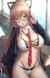  :o azur_lane between_breasts bikini black-framed_eyewear black_jacket breasts brown_hair classroom collared_shirt cowboy_shot day dress_shirt female glasses hair_ribbon hand_up highleg highleg_bikini highres indoors jacket large_breasts long_hair looking_at_viewer mizuya_nao multi-strapped_bikini necktie no_pants official_alternate_costume open_clothes open_jacket open_mouth open_shirt ponytail purple_eyes ribbon semi-rimless_eyewear shirt sideboob solo stomach string_bikini striped striped_necktie sunlight swiftsure_(azur_lane) swiftsure_(midsummer_special_service)_(azur_lane) swiftsure_(study_hall_cyclamen)_(azur_lane) swimsuit thighs under-rim_eyewear underboob very_long_hair white_bikini white_shirt 