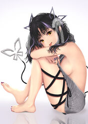  barefoot black_hair black_ribbon blush bow breasts commentary_request dc24v demon_girl demon_horns demon_tail feet female full_body grey_sweater hairbow horns hugging_own_legs jewelry kojo_anna kojo_anna_(3rd_costume) lace_bow leg_ribbon legs long_hair looking_at_viewer medium_breasts meme_attire multicolored_hair nail_polish nanashi_inc. no_bra official_alternate_costume open_mouth pointy_ears purple_hair purple_nails ribbon ring sideboob solo sugar_lyric sweater tail thighs toenail_polish toenails toes tongue tongue_out two-tone_hair virgin_killer_sweater virtual_youtuber white_bow yellow_eyes 