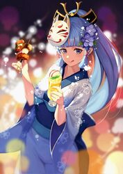  :q apple apple_juice apple_slice bld_zi blue_eyes blue_hair blue_kimono blunt_bangs blush breasts cup definitely_not_bar_food!_(genshin_impact) drink drinking_glass female floral_print flower food fox_mask fruit fruity_skewers_(genshin_impact) genshin_impact hair_flower hair_ornament highres holding holding_drink holding_food japanese_clothes juice kamisato_ayaka kimono licking_lips long_hair looking_at_viewer mask mask_on_head medium_breasts mole mole_under_eye ponytail sidelocks solo tongue tongue_out wide_sleeves yukata 