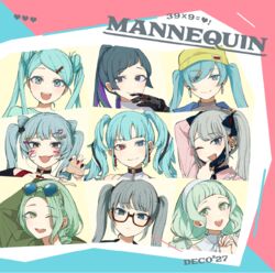  39 6+girls album_cover animal_(vocaloid) animal_hair_ornament annotated aqua_eyes aqua_hair aqua_shirt arm_up beanie black_gloves black_nails black_ribbon blue_eyes blue_hair blue_jacket blunt_bangs cinderella_(vocaloid) claw_pose closed_mouth copyright_name cover creator_connection diagonal_bangs dilemma_(vocaloid) ear_piercing earrings everyone eyes_visible_through_hair eyeshadow eyewear_on_head facial_mark fangs fingernails frilled_shirt frills frown furrowed_brow gift_(vocaloid) glasses gloves green_hair green_jacket grey_shirt hair_ornament hair_over_eyes hair_ribbon hairband hairclip hassan_(sink916) hat hatsune_miku heart heterochromia hoop_earrings jacket jewelry joutai_ijou_kanojo_(vocaloid) kesaran_pasaran_(vocaloid) long_hair low_twintails makeup mannequin_(vocaloid) mask mouth_mask multiple_girls multiple_persona oerba_yun_fang official_art one_eye_closed open_mouth own_hands_together parasite_(vocaloid) pendant_choker piercing pink_shirt ponytail portrait red_eyes removing_mask ribbon semi-rimless_eyewear sharp_fingernails shirt smile songover sunglasses twintails u_(vocaloid) vampire_(vocaloid) vocaloid white_shirt yellow_headwear 