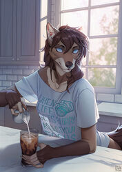  2022 5_fingers anthro beverage blue_eyes bottomless breasts brown_body brown_fur brown_hair canid canine canis claws clothed clothing coffee countertop cream_(food) day detailed_background digital_media_(artwork) english_text eyebrows eyelashes female female_anthro fingers fur hair hi_res ice_cube inside katya_(fahriicat) kitchen long_hair looking_at_viewer mammal one_shoulder_out red_wolf shirt slogan smile solo t-shirt tan_body tan_claws tan_fur text text_on_clothing text_on_shirt text_on_topwear topwear translucent translucent_clothing translucent_topwear white_clothing white_shirt white_t-shirt white_topwear wildering wolf 