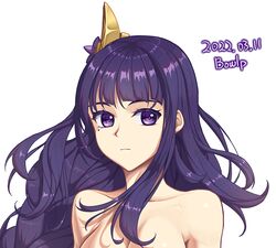  artist_name blunt_bangs bowlp breasts collarbone commentary_request dated female genshin_impact hair_ornament long_hair looking_at_viewer mole mole_under_eye nude portrait purple_eyes purple_hair raiden_shogun signature simple_background solo very_long_hair white_background 