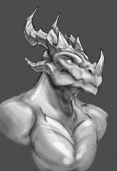  absurd_res anthro blizzard_entertainment bust_portrait dracthyr dragon european_mythology facial_horn hi_res horn kotia male monochrome muscular muscular_anthro muscular_male mythological_creature mythological_scalie mythology nose_horn pecs portrait reptile scales scalie simple_background solo warcraft western_dragon 