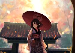  architecture black_hair blurry blurry_background blurry_foreground breasts bright_pupils cleavage collarbone cowboy_shot east_asian_architecture falling_leaves female futatsuki_eru gate hair_between_eyes hat holding holding_umbrella japanese_clothes kimono leaf leaf_print looking_to_the_side maple_leaf medium_breasts obi oil-paper_umbrella outdoors pointy_ears red_eyes red_hat sash shameimaru_aya short_hair solo standing tokin_hat touhou tree umbrella wide_sleeves 