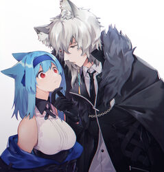  1boy animal_ears arknights blue_hair breasts doctor_(arknights) female female_doctor_(arknights) fur_collar hand_on_another&#039;s_chin headband highres leopard_ears long_coat medium_breasts red_eyes rene_(rirene) rirene_rn silverash_(arknights) sleeveless white_hair 