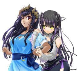  2girls absurdres arm_hug bad_id bad_pixiv_id belt black_hair black_skirt black_tube_top blue_dress blue_sash blunt_bangs blush breasts brown_eyes cleavage cleavage_cutout closed_mouth clothing_cutout collarbone commentary_request cowboy_shot demon_girl demon_horns demon_tail dress highres honey_strap horns kojo_anna kojo_anna_(2nd_costume) lace_trim long_hair long_sleeves looking_at_another looking_to_the_side loose_belt medium_breasts midriff multicolored_hair multiple_girls nanashi_inc. off-shoulder_dress off_shoulder official_alternate_costume open_mouth pencil_skirt pointy_ears purple_belt purple_hair russian_text sash shimamura_charlotte short_sleeves shoulder_cutout shrug_(clothing) simple_background skirt smile strapless sugar_lyric tail transparent_background tube_top two-tone_hair veno_(lupusonbari2) virtual_youtuber yellow_eyes 