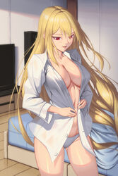  bed blonde_hair bowlp breasts commentary_request cowboy_shot female grey_panties highres indoors large_breasts long_hair long_sleeves open_clothes open_shirt original panties parted_lips red_eyes shirt solo standing stomach thighs underwear very_long_hair white_shirt 