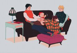  2boys black_hair blanket blonde_hair book casual couch dio_brando fuku_(r-i-h-o) jojo_no_kimyou_na_bouken jonathan_joestar multiple_boys nightstand no_shoes ottoman phantom_blood reading socks striped_clothes striped_socks stuffed_animal stuffed_toy sweater sweater_vest teddy_bear ugly_sweater vertical-striped_clothes vertical-striped_socks 