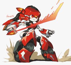  absurdres blush dust energy_sword female highres holding holding_sword holding_weapon kuruton486 looking_ahead magic_henshin mecha no_humans open_hand red_eyes robot scarlet_sonic science_fiction smile solo sword twitter_username weapon wheel white_background 