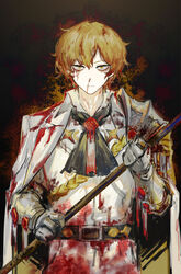  1boy armor axe belt belt_buckle black_belt blonde_hair blood blood_on_clothes blood_on_face buckle cape closed_mouth cowboy_shot cross cross_earrings earrings gauntlets highres holding holding_axe jewelry limbus_company long_sleeves looking_at_viewer male_focus n_corp._(identity)_(project_moon) nishikujic nosebleed pants project_moon puffy_long_sleeves puffy_sleeves rope shirt shoulder_armor sinclair_(project_moon) solo wax_seal white_cape white_pants white_shirt yellow_eyes 