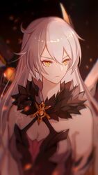  antenna_hair bare_shoulders blurry blurry_foreground breasts cleavage closed_mouth commentary_request female guiguqingming hair_between_eyes hair_ornament highres honkai_(series) honkai_impact_3rd kiana_kaslana kiana_kaslana_(herrscher_of_the_void) long_hair looking_ahead solo upper_body v-shaped_eyebrows white_hair yellow_eyes 