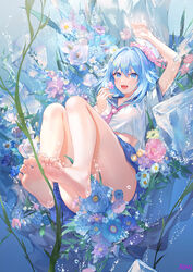  :d arm_up artist_name atdan bangs bare_legs barefoot blue_eyes blue_flower blue_hair blue_sailor_collar blue_skirt breasts commentary duplicate english_commentary eyebrows_visible_through_hair feet female flower full_body hair_between_eyes haiyi hand_up highres holding holding_flower ice ice_cube legs looking_at_viewer medium_hair necktie pink_flower pink_necktie pixel-perfect_duplicate purple_flower sailor_collar school_uniform serafuku shirt short_sleeves skirt smile soles solo synthesizer_v thighs toes underwater white_flower white_shirt 