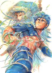  2boys abs blue_hair bodypaint bracelet capelet commentary_request crescent crescent_necklace cu_chulainn_(caster)_(fate) cu_chulainn_(fate) cu_chulainn_(fate/stay_night) cu_chulainn_(second_ascension)_(fate) detached_sleeves earrings facepaint fate/grand_order fate_(series) fur-trimmed_hood fur_trim hood hood_up hooded_capelet jewelry leaf long_hair male_focus marker_(medium) multiple_boys multiple_persona muscular muscular_male necklace official_alternate_costume ousaka_tama pants red_eyes short_hair skin_tight slit_pupils spiked_hair strap traditional_media 