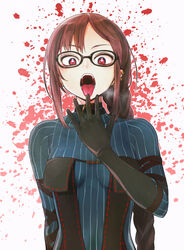  black_dress blood blood_splatter blush braid breasts breath brown_hair commentary_request dress ear_piercing earrings fate/grand_order fate_(series) female glasses highres jewelry kou1 long_hair looking_at_viewer md5_mismatch medium_breasts multiple_earrings music open_mouth piercing pinstripe_pattern red_eyes singing solo striped tongue upper_body white_background yu_mei-ren_(fate) yu_mei-ren_(first_ascension)_(fate) 