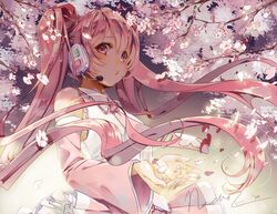  bare_shoulders blurry bokeh branch breasts cherry_blossom_print cherry_blossoms collared_shirt commentary_request cupping_hands dappled_sunlight depth_of_field detached_sleeves expressionless eyelashes female floating_hair floral_print flower frills glowing hair_between_eyes hatsune_miku headset light_particles long_hair looking_at_viewer nachoz_(nachozart) necktie own_hands_together petals pink_eyes pink_flower pink_hair pink_necktie pink_skirt pink_theme pleated_skirt pout sakura_miku shaded_face shadow shirt sidelocks signature skirt small_breasts solo sunlight tree twintails upper_body very_long_hair vocaloid white_flower white_shirt wind wind_lift 