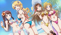  4girls ahoge armlet ass back bare_arms bare_legs bare_shoulders beach bikini blonde_hair blue_eyes blue_sky blush bracelet breasts brown_eyes brown_hair butt_crack choker cleavage cloud day flower frilled_bikini frills hachimiya_meguru hair_flower hair_ornament hairband hairclip hat hibiscus highleg highleg_bikini highleg_swimsuit highres idolmaster idolmaster_million_live! idolmaster_million_live!_theater_days idolmaster_shiny_colors jewelry large_breasts long_hair looking_at_viewer low_twintails medium_breasts multi-strapped_bikini multiple_girls navel nikaidou_chizuru o-ring o-ring_bikini ocean one_eye_closed open_mouth outdoors palm_tree run_p_(aveton) sand shinomiya_karen side-tie_bikini_bottom sideboob sky smile standing string_bikini striped_bikini striped_clothes sun_hat swimsuit tanaka_kotoha tree twintails water 