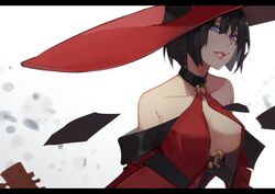  artist_name bare_shoulders black_hair blue_eyes bob_cut breasts cleavage collarbone electric_guitar english_commentary female guilty_gear guilty_gear_xrd guitar hair_between_eyes hat high_collar i-no ian_olympia instrument large_breasts large_hat letterboxed lips mole mole_above_mouth o-ring o-ring_top open_mouth sideboob simple_background solo witch_hat 