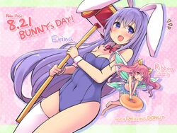  2girls animal_ears blush breasts bunny_day cleavage covered_navel detached_collar doughnut erina_(rabi-ribi) fairy fairy_wings food hammer highres kkpnex leotard mini_person minigirl multiple_girls open_mouth pink_hair playboy_bunny purple_eyes purple_hair purple_leotard rabbit_ears rabbit_girl rabi-ribi ribbon_(rabi-ribi) single_thighhigh thighhighs toy_hammer twintails wings wrist_cuffs 