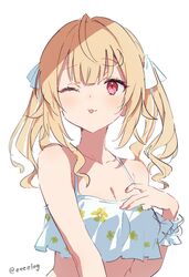  ;p ahoge alternate_costume bare_shoulders bikini blonde_hair breasts cleavage closed_mouth dot_nose female floral_print frilled_bikini frills h_(eitilog) hair_ribbon hand_on_own_chest highres hoshikawa_sara long_hair looking_at_viewer medium_breasts nijisanji one_eye_closed pink_nails print_bikini red_eyes ribbon scrunchie simple_background smile solo swimsuit tongue tongue_out twintails twitter_username upper_body virtual_youtuber white_background wrist_scrunchie 