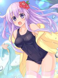  blue_eyes breasts cameltoe commentary_request covered_navel female flower hair_flower hair_ornament happy kazuneko_(wktk1024) long_hair looking_at_viewer nepgear neptune_(series) one-piece_swimsuit open_mouth pink_hair school_swimsuit skindentation sky smile solo swimsuit 