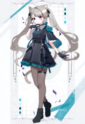  adapted_costume alternate_hairstyle animal_ears black_capelet black_choker black_dress black_footwear black_gloves blue_bow bow capelet cat_ears choker commentary dress facial_mark female full_body genshin_impact gloves grey_hair grey_pantyhose highres long_hair looking_at_viewer lynette_(genshin_impact) pantyhose purple_eyes shoes short_dress short_sleeves solo standing star_(symbol) thigh_strap twintails utori_(tanakautori) very_long_hair 