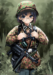  :/ bag binoculars black-framed_eyewear black_bag blue_eyes blue_hair blurry blurry_background brown_headwear brown_jacket camouflage camouflage_headwear camouflage_jacket closed_mouth collared_jacket collared_shirt combat_helmet commentary_request cowboy_shot dark_blue_hair explosive female flecktarn glasses gloves gradient_hair grass grenade grey_pants grey_shirt gun gun_sling helmet holding holding_binoculars jacket long_sleeves messenger_bag military military_jacket military_uniform mp40 multicolored_clothes multicolored_hair multicolored_headwear multicolored_jacket nature nazi original outdoors pants round_eyewear samazuka_mashiro shirt shoulder_bag sigrunen soldier solo ss_insignia stahlhelm stick_grenade stielhandgranate submachine_gun tall_grass uniform vegetation waffen-ss weapon world_war_ii 