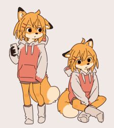  accessory anthro boots bottomwear canid canine cellphone clothed clothing crossed_legs electronics female female_anthro footwear fox fur hair hair_accessory hairclip holding_object holding_phone hoodie kemono looking_aside looking_at_viewer mammal orange_body orange_fur orange_hair phone shizuku_(yagi) shorts simple_background sitting solo standing tan_background topwear yagi_the_goat 