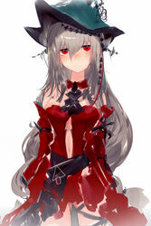  :/ absurdres arknights ascot ass_visible_through_thighs bare_shoulders black_ascot blush breasts clothing_cutout collar cowboy_shot detached_collar dress female grey_hair hat highres long_hair looking_at_viewer medium_breasts navel navel_cutout off-shoulder_dress off_shoulder official_alternate_costume red_collar red_dress red_eyes runamonet simple_background skadi_(arknights) skadi_the_corrupting_heart_(arknights) solo straight-on white_background witch_hat 