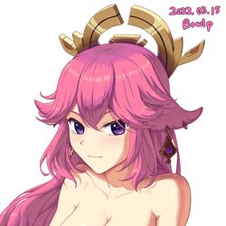  animal_ears artist_name blush bowlp breasts collarbone commentary_request dated female fox_ears genshin_impact highres long_hair looking_at_viewer nude pink_hair portrait purple_eyes signature simple_background smile solo white_background yae_miko 