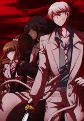  2boys belt black_hair black_jacket black_shirt blush breasts brown_hair bruise coat collarbone collared_shirt commentary criis-chan danganronpa_(series) danganronpa_3_(anime) female formal fur_trim green_eyes grin hair_ornament hair_scrunchie holding holding_sword holding_weapon injury jacket katana large_breasts long_hair looking_at_viewer multiple_boys munakata_kyousuke necktie one_eye_closed pants pink_shirt ponytail profile red_sky sakakura_juuzou scrunchie shirt short_hair sky smile standing suit sword torn_clothes torn_necktie weapon white_coat white_jacket white_pants white_shirt yukizome_chisa 