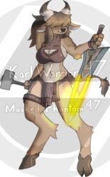  2022 alpha_channel anthro arm_tuft artist_name barefoot belly black_nose bottomwear bovid bovine breasts brown_body brown_bottomwear brown_clothing brown_fur brown_gloves brown_handwear brown_hooves brown_nails calf_tuft clothed clothing colored_nails countershade_breasts countershade_face countershade_torso countershading digital_media_(artwork) elbow_tuft european_mythology feet female full-length_portrait fur gloves greek_mythology hair hair_over_eyes hammer handwear holding_hammer holding_object holding_tool holding_weapon hooves karlwarrior47 leg_tuft mammal medieval_clothing medium_breasts minotaur mythology nails navel ponytail portrait shaded simple_background solo tan_belly tan_body tan_countershading tan_inner_ear tools transparent_background tuft watermark weapon 