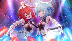  2girls akane_canna animal_ear_fluff animal_ear_piercing animal_ears antenna_hair ariel23795 blue_bow blue_bowtie blue_nails bow bowtie breasts cat_ears concert glowstick green_eyes hairbow holding holding_microphone idol large_breasts microphone midriff multicolored_hair multiple_girls nanashi_inc. one_eye_closed purple_hair red_bow red_bowtie red_hair red_nails short_hair shorts showgirl_skirt smile souya_ichika streaked_hair two-tone_hair virtual_youtuber white_shorts 