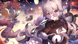  4girls animal_ears asc11 breasts bronya_zaychik bronya_zaychik_(haxxor_bunny) bronya_zaychik_(heart_of_the_night)_(honkai_impact) bronya_zaychik_(herrscher_of_reason) bronya_zaychik_(silverwing:_n-ex) bronya_zaychik_(snowy_sniper) brown_dress cleavage commentary_request dragon dress drill_hair eastern_dragon fake_animal_ears food grey_eyes grey_hair highres holding homu_(honkai_impact) honkai_(series) honkai_impact_3rd hood lantern large_breasts long_hair looking_at_viewer looking_over_eyewear multiple_girls multiple_persona official_alternate_costume open_mouth paper_lantern ponytail purple-tinted_eyewear quad_drills round_eyewear spoon sunglasses tinted_eyewear 