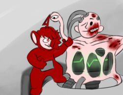  blood bodily_fluids cybernetics cyborg duo fallout gore grey_background humanoid looking_at_another machine male master_(fallout) microsoft screen simple_background slendytubbies teletubbies teletubby teletubby_alexandra tube 