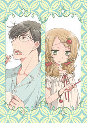  1boy alternate_costume alternate_hairstyle apple_hair_ornament black_eyes black_hair bracelet brown_hair brushing_teeth female food-themed_hair_ornament glasses green_eyes hair_ornament hairclip highres jewelry kinoshita_sakura koisuru_ojou-sama_wa_papa_to_yobitakunai lolicon long_hair low_twintails official_art open_mouth pajamas sakaki_karen toothbrush twintails wavy_hair yahiro_masamune 