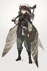  &gt;:( asterisk_kome bird_tail bird_wings boots brown_hair closed_mouth commentary_request female full_body green_pants grey_background gun hat highres holding holding_gun holding_weapon long_hair looking_at_viewer low_wings military pants rifle shimaki_(winged_fusiliers) simple_background sks solo standing tail traditional_clothes v-shaped_eyebrows weapon white_hat winged_fusiliers wings 