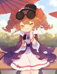  :3 ashiyu_(ashu-ashu) black_footwear black_hat blue_sky blurry blurry_background bow bracelet brown_hair closed_eyes closed_mouth coat commentary_request commission dango dress drill_hair eating eyewear_on_head facing_viewer female food hair_ribbon hand_on_own_cheek hand_on_own_face hat hat_bow highres holding holding_food jewelry mini_hat mini_top_hat outdoors pendant purple_coat red_bow red_ribbon ribbon ring round_eyewear sitting skeb_commission sky smile solo sunglasses top_hat touhou twin_drills wagashi white_bow white_dress yorigami_jo&#039;on 