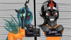  16:9 arthropod barbie_and_ken_mugshot_meme changeling changeling_queen duo equid equine fangs female friendship_is_magic hasbro hi_res horn horse jbond king_sombra_(mlp) male mammal my_little_pony mythological_creature mythological_equine mythology pony prison_uniform queen_chrysalis_(mlp) teeth unicorn widescreen 